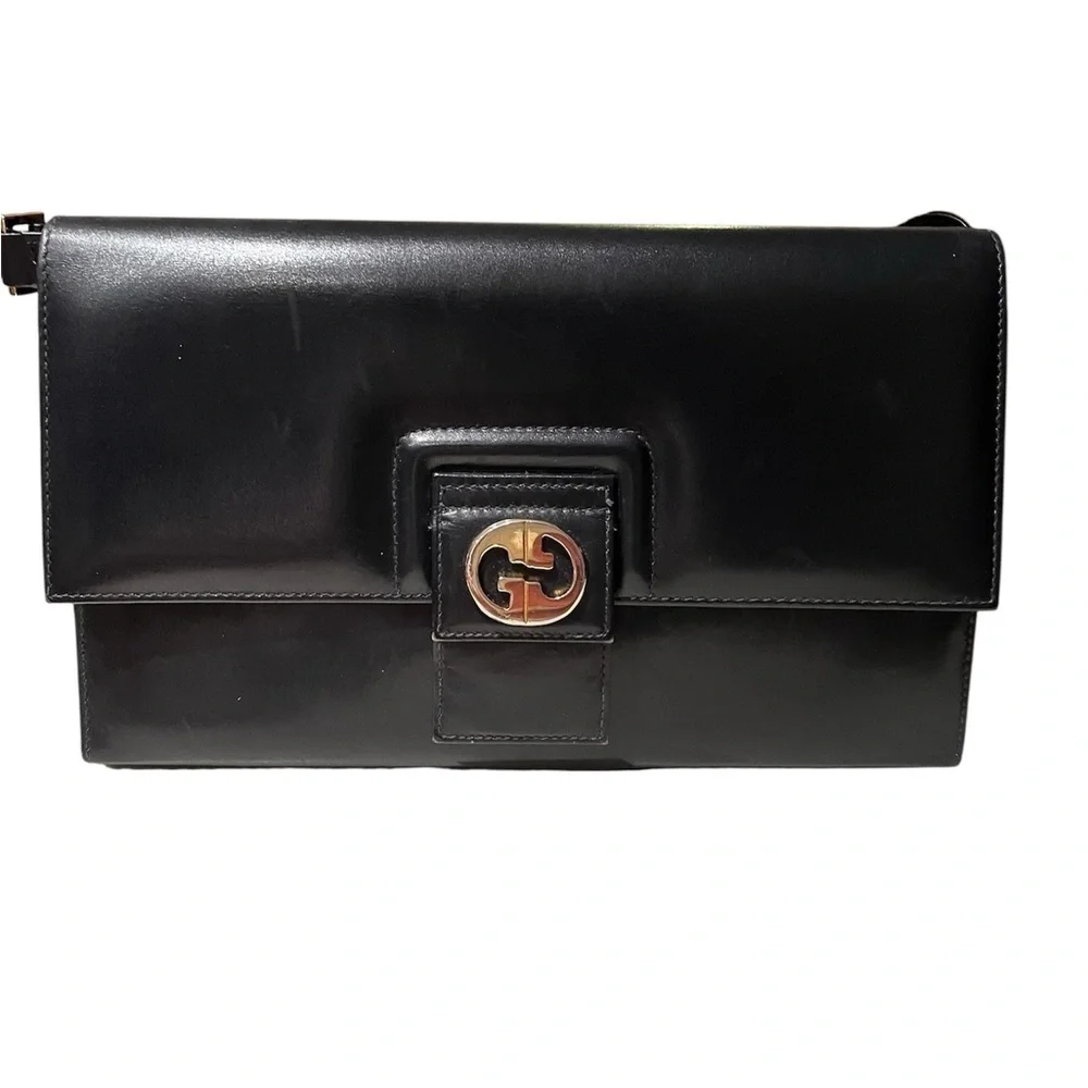 Rare Vintage Gucci Shoulder Clutch Bag Black Leather 1970s